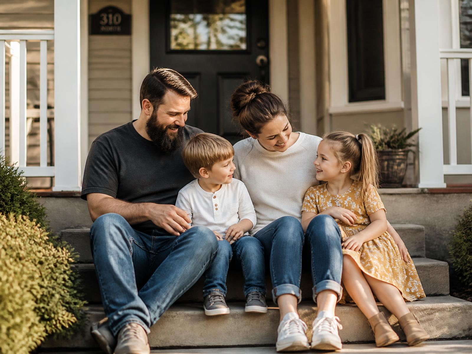 A family sitting together on the front steps of their home